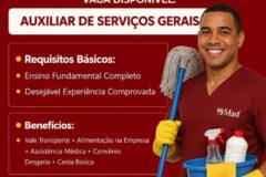 Empresa está selecionando Auxiliar de serviços gerais; Envie seu currículo!