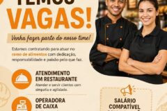 Empresa no ramo de alimentos seleciona Atendente, Operadora de caixa, Auxiliar de serviços gerais, Agente de portaria, Estoquista; Envie seu currículo!